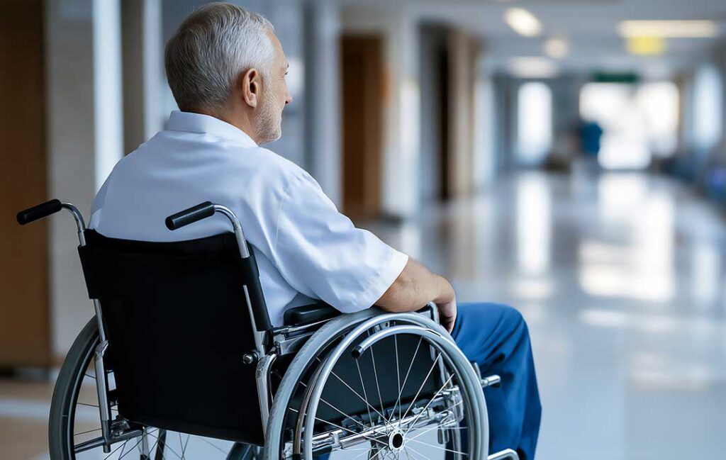 Older adult using a walker on a clear, well-lit hallway with a handrail and night-light nearby.